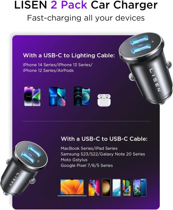 61JtyogtwzL._AC_SL1500.jpg Lisen Dual USB C Car Charger 2-Pack