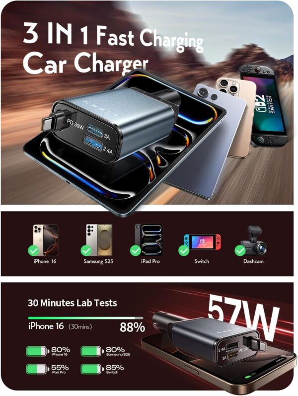 LISEN iPhone 16/15 Car Charger USB C Fast Charging Retractable