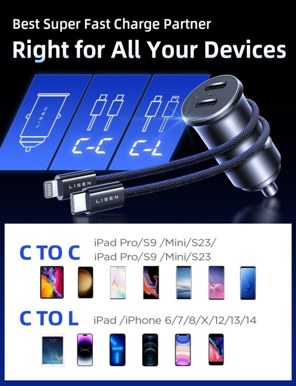 71UZaws2ZHL._AC_SL1500.jpg LISEN 90W USB C Car Charger Fast Charging for iPhone 17