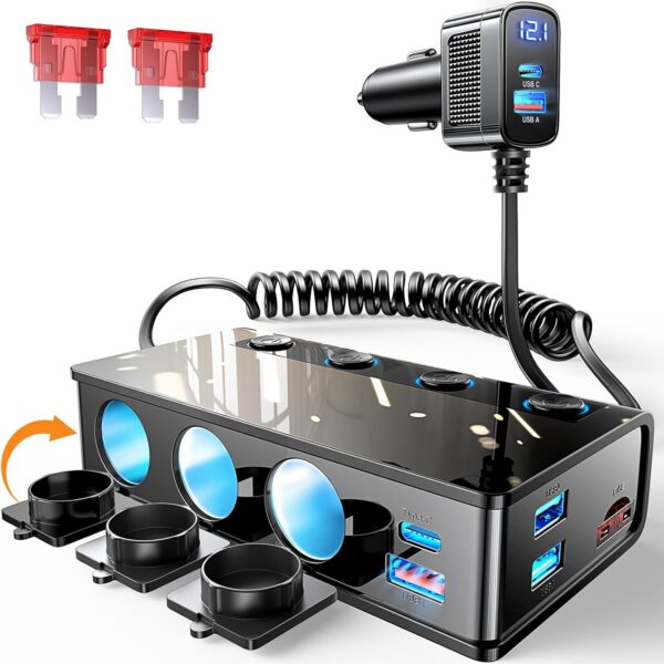 LISEN Cigarette Lighter Splitter Adapter 191W Heavy Duty Truck Car USB Chager Multi Port with PD36W/QC3.0 Charge USB C 12V/24V Independent Switches & Dust Cover & Waterproof for All Car Devices