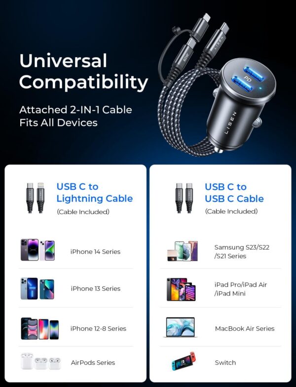 71ei8u0xeLL._AC_SL1500.jpg Lisen Dual USB C Car Charger with Cable
