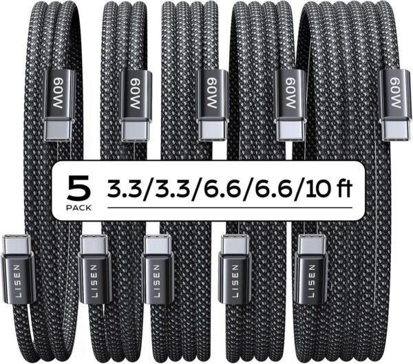 LISEN USB C Cable, 5-Pack [3.3/3.3/6.6/6.6/10FT]