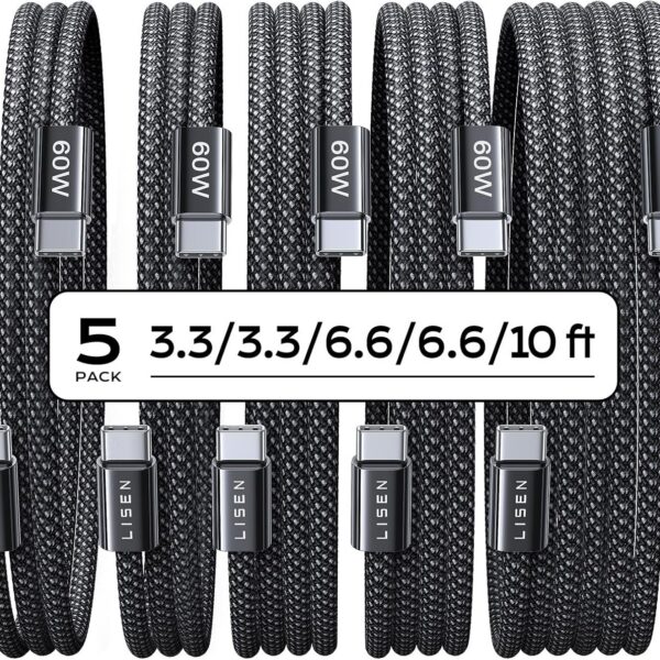 LISEN USB C Cable, 5-Pack [3.3/3.3/6.6/6.6/10FT]