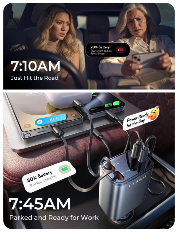 LISEN Retractable Car Charger, for Christmas Day Gifts for Men Women, 69W Cars Adapter USB C Fast Charger for iPhone 17, Car Accessories for Men Women Drivers, for iPhone 17 Pro Max Air 16 15 14 Plus